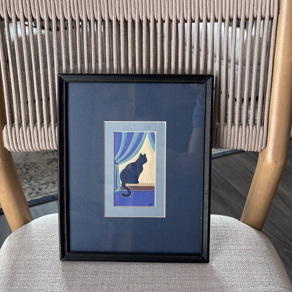 Quilted Serigraph Cat Art Framed Mid Century Silkscreen signed AW